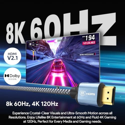 Amkette Ultra High Speed HDMI 2.1 Cable (3m/9.8ft) | 8K@60Hz, 4K@120Hz | 48Gbps | Certified with QR Code | eARC, HDR10+, VRR Support | Gold-Plated Connectors | Braided HDMI Cable for TV, PS5, Xbox 3