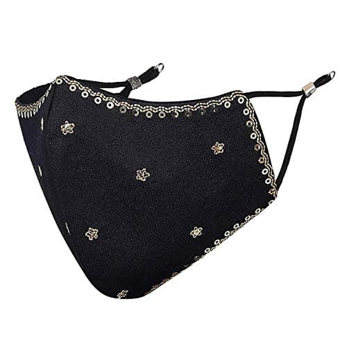 MASQ By Q-One Shubh 4 Layer, Reusable, with Ear Adjusters, Anti-Bacterial (BFE>99%) Embroidered Cotton Cloth Face Mask Combo for Women, Girls (Large, Black-Red-Gold, Pack of 3) 2