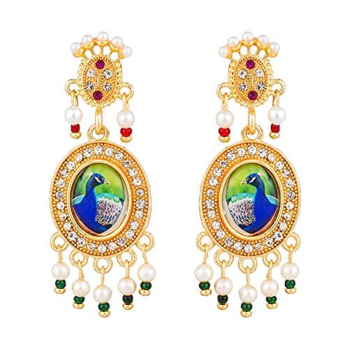 LUXOR Gold Plated Peacock Motif Dangler Earrings for Women | Brass Ethnic Drop Earrings Green & White | Latest Trendy Jewellery | Ideal Festive Gift Choice (ER2222)
