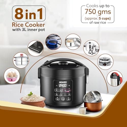 AGARO Regal Electric Rice Cooker, 3 Litres Ceramic Inner Bowl, 750gms (approx. 5 cups) raw rice, SS Steamer, Preset Cooking Functions, Preset Timer, Keep Warm Function, LED Display, Black 2
