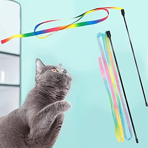 Qpets® 2 Pcs Cat Rainbow Wand Toys,Satin & Elastic Teaser for Kittens & Adult Cats - Indoor Exercise, Fun Games, Stress Relief 5