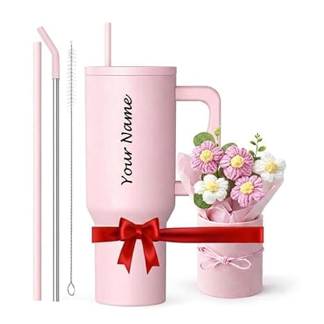 1200ml Steel Insulated Tumbler with Straw | Personalized Tumbler + Crochet Flower Bouquet Gift for Birthdays, Weddings, Anniversaries – Gift for Women, Men, and Girls (Pink + Bouquet)