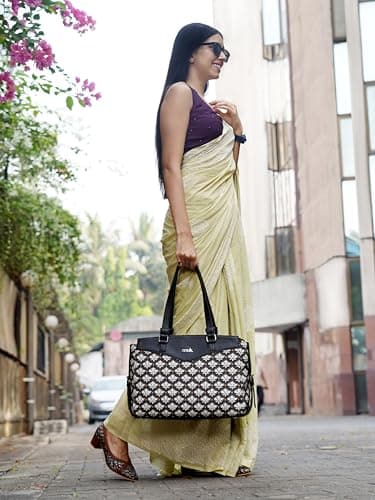 ZOUK Bidri Kaiser Motif Printed Jute Vegan Leather Black and White Women's Office Work Bag With Double Handles Strap 2