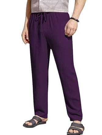 TOPLOT Men's Premium Linen Blend Pants | Lightweight Breathable Fabric | Elastic Waist with Drawstring | Straight Fit | Side Pockets | Perfect for Casual, Holidays & Travel (5268)