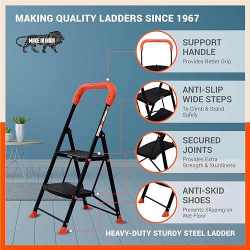 Bathla 2 Step Ascend Steel Ladder for Home Use | Large Platform | (36 x 20.5 cm) | Wide Anti-Skid Steps | Safety Hand Grip | Heavy Duty Foldable | 120 kg Capacity | 2-Year Warranty | Orange & Black 3