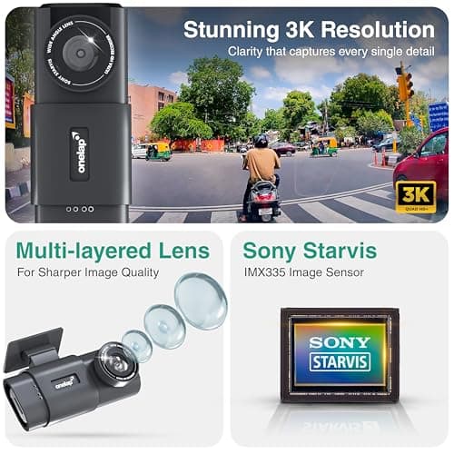 Onelap Vidsure™ (2026 Edition Front + Rear) - 3K UpScaled to 4K Dashcam for Car | Real Sony STARVIS IMX335 | 5MP 3840p QHD Front | 5.8Ghz Wifi | 2MP 1080p FHD Rear | HDR |1.47" LCD | Dual Port Charger 3