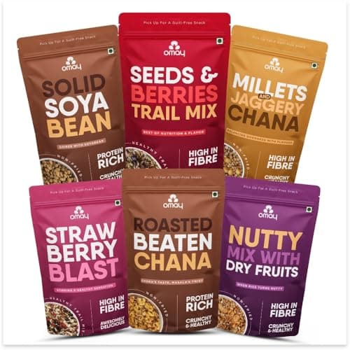 Omay Foods TRY IT ALL COMBO PACK (Pack of 6) I Roasted Oil-free Snacks I Healthy Snacks I Indian Snack, Trail Mixes I Non fried snacks I Guilt-free snacks I Snack Combo I Roasted Namkeen I Snacks for 