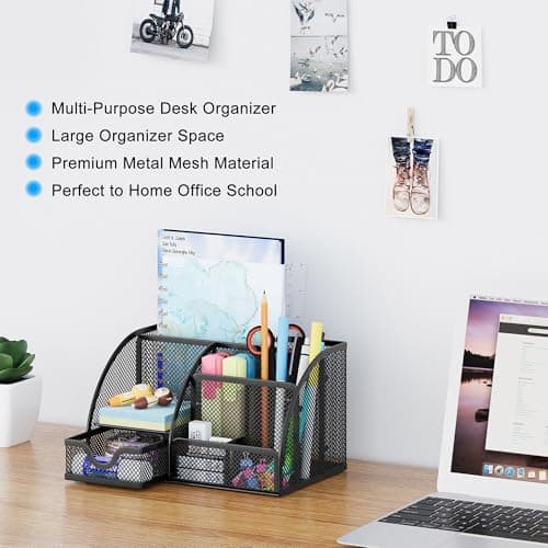 Geniric Generic Mesh Office Stationery Desk Tidy Organiser 5 Storage Compartment and 1 Drawer with Non-Marking Rubber Pads, Black 5