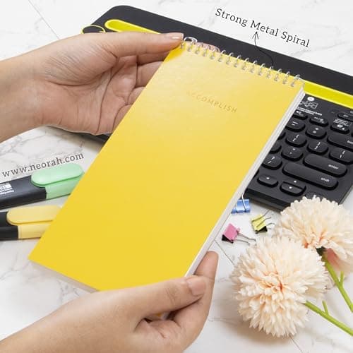 NEORAH—PETITE Daily To Do List Pad | 128 Pages | 20.0 x 10.0 cm | Daily + Hourly Split + Notes page | Durable Metal Spiral Desk Notepad + tear off sheets | Journal, Office Work Planner (YELLOW) 2