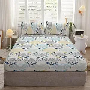 DECOMIZER Cotton Feel Glace Cotton Elastic Fitted Printed King Size Double Bed Bedsheet With 2 Pillow Coverm Fits Upto 8 Inches Mattress,Size- 72X78X10 Inches,White Flowers, 300 Tc