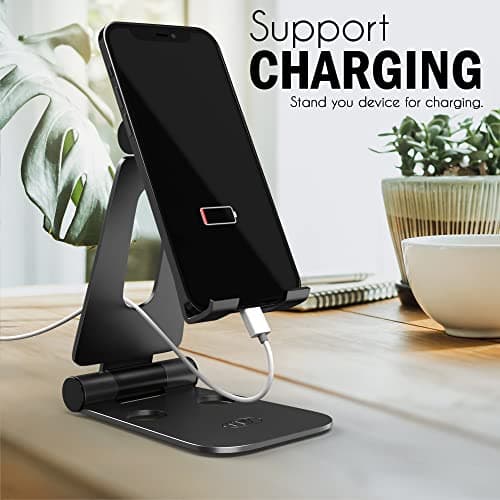 ELV Aluminum Adjustable Mobile Phone Foldable Holder Tabletop Stand, Dock Mount for All Smartphones, Tabs, Kindle, iPad (Black) 2