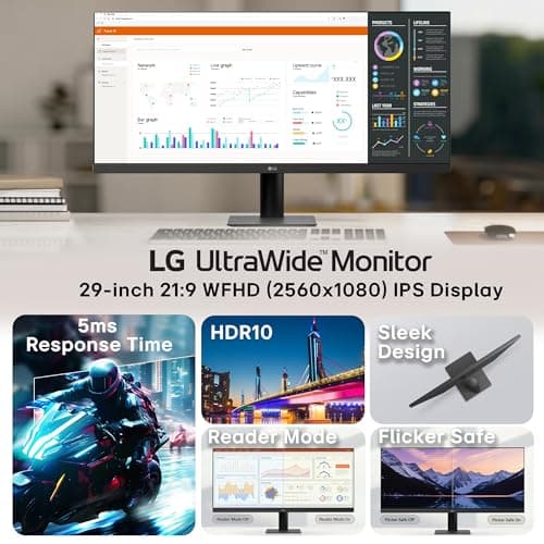 LG 29U511A 73 cm (29 Inch) UltraWide WFHD (2560x1080) IPS Monitor, 100Hz, 5ms(GtG), Anti-Glare, sRGB 99% (Typ.), HDR10, 3-Side Virtually Borderless, DP, HDMI, Headphone Out, Tilt Adjustable (Black) 2