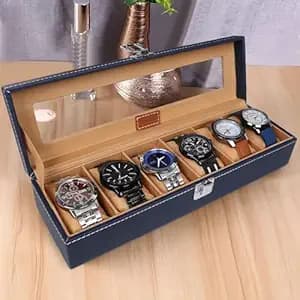 LEDO Watch Box Organizer Case with 6 Slots, Transparent Display, PU Leather Exterior, Blue & Cream Velvet Interior, Metal Clasp Lock, Rectangular Storage Case for Men