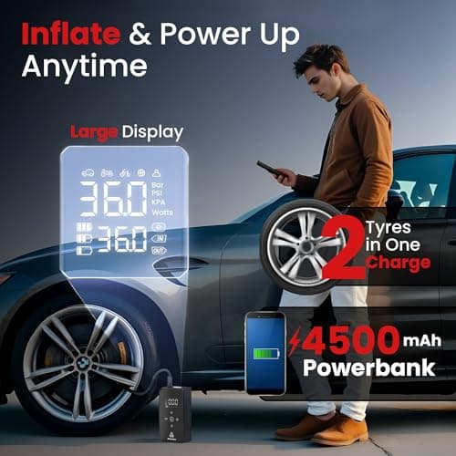 Autofy AirBit 2 Years WARRANT'Y Dual Power Mode Battery & Corded [22mm Cylinder Most Heavy Duty] 140PSI Car Tyre Inflator Pump - 90W Copper Motor - 4500mAh Mobile Power Bank - 4 Mins Fast Inflation 4