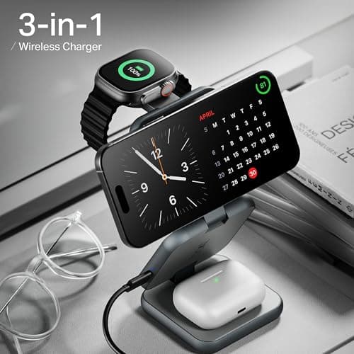 Boat FlexCharge 360 3-in-1 15W Wireless Charger, Foldable, Magnetic Magsafe & Multi-Angle Charging; LED Indicator & Anti-Slip Finish for Apple iPhone 16|15|14, Apple Watch & AirPods (Slate Grey) 2