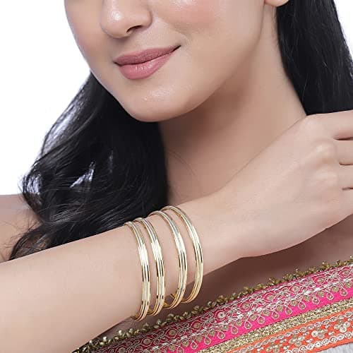 ZENEME Set Of 4 Gold-Plated Traditional Dual Toned Gold & Silver Handcrafted Classic Bangles For Girls and Women (Silver Line, 2.8) 2