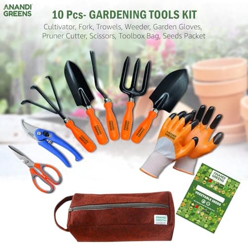 Anandi Green's Metal Agriculture Gardening Tools Kit-10 Pcs (Cultivator, Fork, Trowels, Weeder, Garden Gloves, Pruner Cutter, Scissors, Seeds Packet, Tool packet) | Gardening Tools Set For Home Garden 2