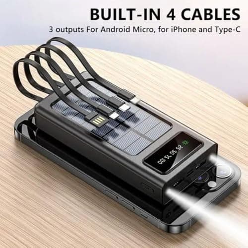 AMYTEL Power Spark 4WIRE 10,000mAh Solar Power Bank with LED Light, Type-C & Micro USB, Fast Charging Portable Charger – Black 4