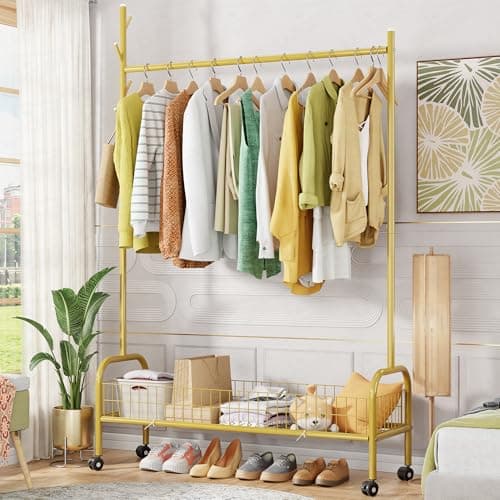 Lukzer | MGR-003 | Gold | Metal Clothes Hanging Stand with Wheels, Bottom Shelf & Single Rod – Stylish Garment Rack & Cloth Organizer for Entryway, Dressing Room & More | 173 x 110 x 35 cm