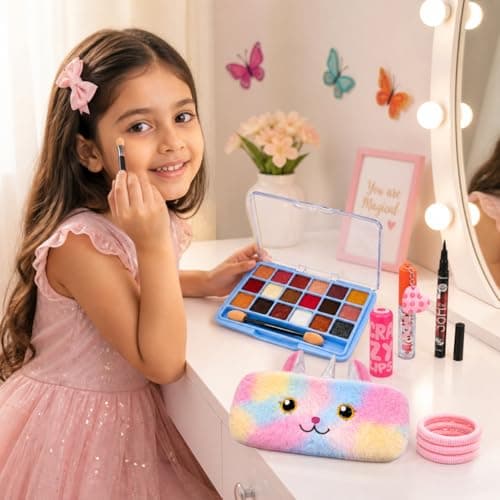 Kids Makeup Kit for Girls with Unicorn Pouch – 18 Color Eyeshadow Palette, Lipstick, Lip Gloss, Eyeliner Kajal & Hair Bands – All in One Cute Makeup Accessories Set for Kids, Teens & Beginners 4