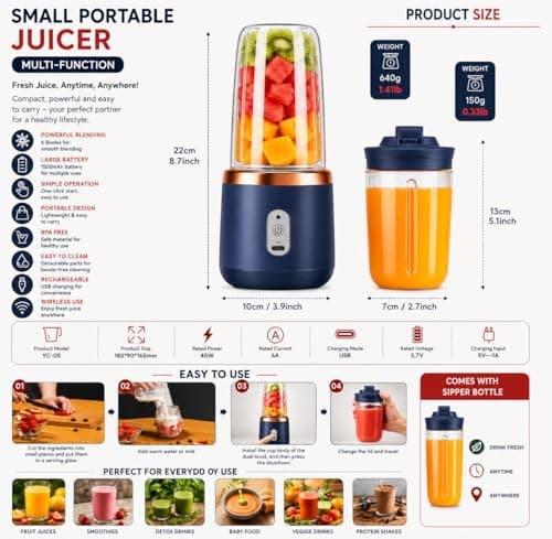 Juicer for Home Portable Blender Electric Juicers Fruit Mixers USB Rechargeable Smoothie Mini Personal Juicer 6 Blades 3Gears with 1500 Mah Rechargeable Battery-Smoothie Blender. 4
