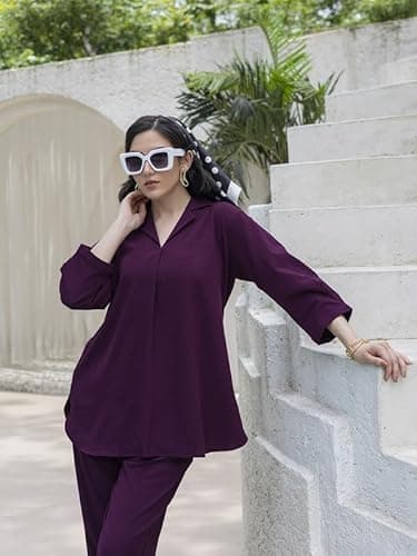 TITTLI Women’s Solid Rayon Co-Ord Set | Collared V-Neck Tunic with Three-Quarter Sleeves & Elastic Waist Trousers | Comfortable Casual Outfit | L to 3XL Wine 2