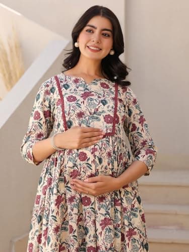 ASSUME FAB Women Rayon Regular Maternity Kurti/Pregnancy Kurti/Easy Breastfeeding Western Kurti with Zippers for Nursing Pre and Post Pregnancy Beige, Large(Large 3
