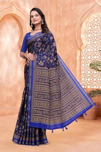Women's Printed Saree with Decorative Border Ethnic Traditional Saree for Women Festive Party Casual Wear Saree with Unstitched Blouse Piece (ink blue) 5
