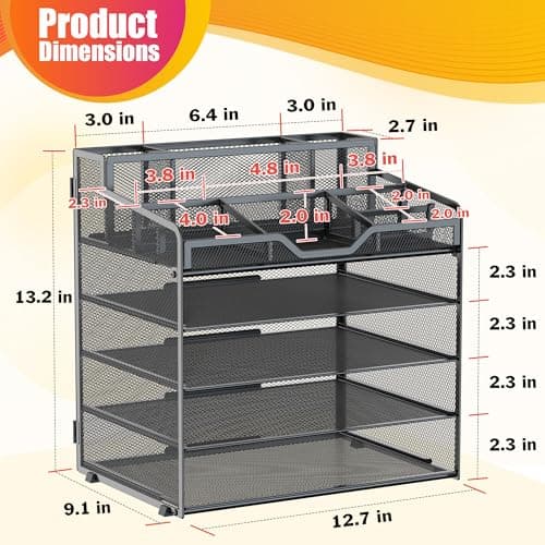 Docnest 5 Tier Mesh Desk Organizer for Paper Office Supplies – Multi-Functional Letter Tray with 5 Adjustable Compartments, 3 Pen Holders, Desktop Storage for Files, Mail, Stationery – Black 3