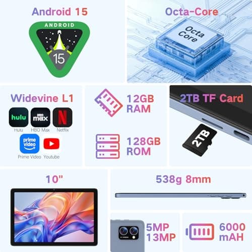 Winsing Tablet, Android 15 Tablets 12GB RAM+128GB Storage+10" with 2TB TF Card, Octa Core, 1280* 800 HD Touch Screen Computer Tablet, 8-10H Long Life Battery Life, Wi-Fi and BT 5.0 3