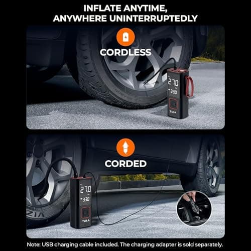 TUSA Storm X Cordless Tyre Inflator - Wired + Wireless (6000 mAh Battery & 12V Car Port), 2X Faster Inflation, 150PSI Air Compressor for Cars, Bikes, Motorcycles, Balls, and Inflatables (Red) 5