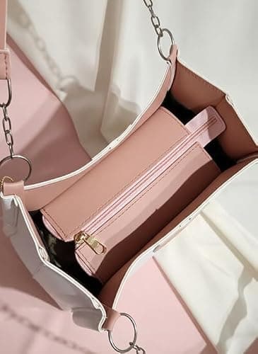 FAIZON Luxury Women’s Shoulder Handbag | Elegant PU Leather Tote with Chain Strap | Stylish Daily Use Purse for Office, College & Casual Outings (White/Peach) 5