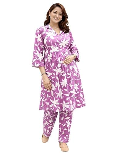RITIJYA Pure Cotton Feeding Kurta Pant Set for Women | Anarkali Pregnancy Dress with Concealed Nursing Zipper Side Pocket | Pre & Post Partum | Maternity Baby Shower Outfit(9322_46, Pink Flower)