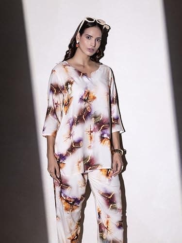TITTLI Rayon Fabric All Over Printed Mandarin Collar Tunic & Trouser Co-Ord Set for Women | Three-Quarter Sleeves & Elastic Waist Bottom | Casual Wear | L, XL, XXL, 3XL | Co-Ord Set 2