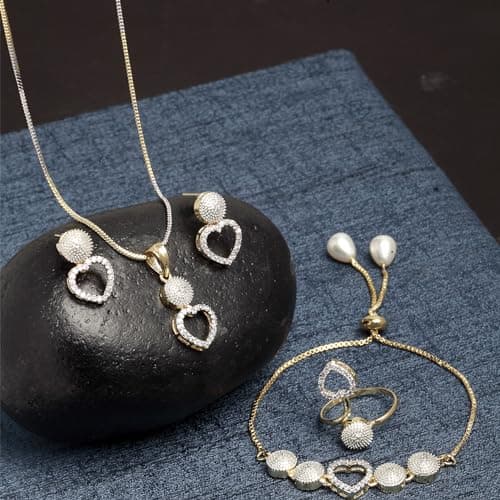 ZENEME Jewellery Set American Diamond Heart Shaped Necklace Set with Earrings, Bracelet and Ring Jewellery for Girls and Women 3