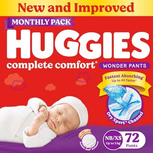 Huggies Complete Comfort Wonder Pants | Pant Style Baby Diapers New Born / XS Size, 72 Count | India's Fastest Absorbing Diaper, Patented Dry Xpert Channel, Ideal for 0-5 Kgs