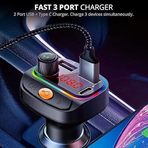 WeFly Car Bluetooth Device [Upgraded BT v5.3] with Call Receiver, FM Transmitter for Music System & Dual USB + Type C Charger; 7 Colour LED Lights; 6 EQ Presets; USB MP3 Support; Voice Assistant 4