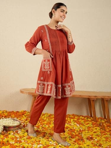 INDO ERA Women Rust Pure Cotton Co-Ord Set | Kurta Pant Set for Casual Wear,IESTR11561M | Co Ord Set For Women Stylish | 3