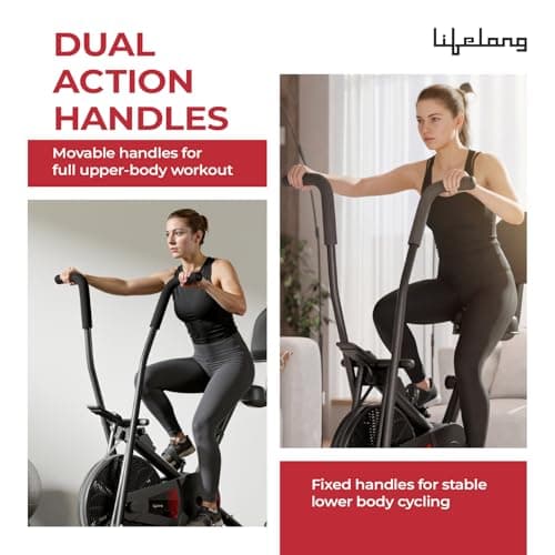 Lifelong Air Bike Exercise Cycle for Home Gym | Dual Action Stationary Cardio Bike for Full Body Workout| Adjustable Cushioned Seat with Backrest |Moving Handles & Anti-Skid Pedals |Max User Weight 12 2
