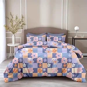 LORETO - A QUALITY LINEN BRAND 100% Pure Cotton Bedsheet for Double Bed, 144TC Soft & Breathable Double Bed Bedsheet with 2 Pillow Covers (Pastel Floral Checkered, 88 x 90 Inches)