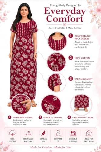 Cotton Nighty for Women | Stylish Maxi Length Night Gown | Soft & Comfortable Nightwear with Pocket | Available in L to 3XL (Wine Bouquet, 3XL) 3