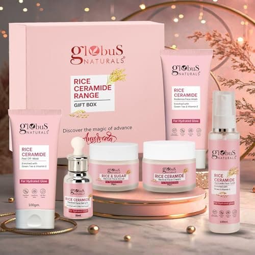 Globus Naturals Rice Ceramide Korean Glass Skin 6 Step Skincare Gift Set | Face Wash, Scrub, Cream, Serum, Toner, Peel off Mask | Brightening & Glow Care for Men & Women