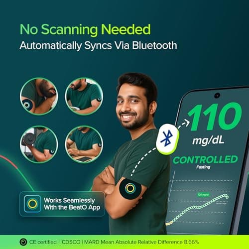 BeatO CGM Glucose Monitor for diabetes | Bluetooth Connected CGM Sugar Test Machine for home | 15-Day Glucose Tracking | No-Scan, One-Push Application(Pack of 1) 3