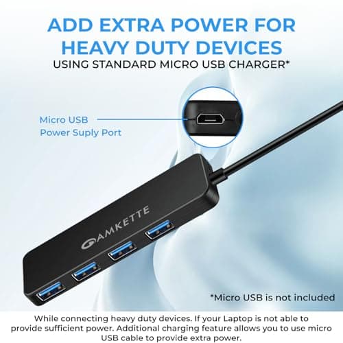 Amkette 4 Port Superspeed USB Hub 3.0 for PC/Laptops, Portable Data Hub with Hi-Speed Data Transfer Up to 5 GBPS, Charging Function| Strong and Durable, Power Supply Port and 80 cm Long Cable (Black) 4