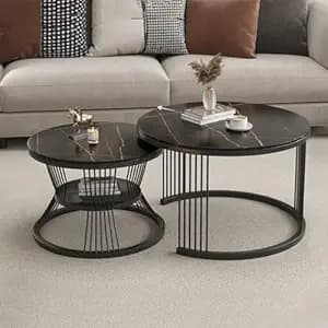 Brown Art SHOPPEE Round Coffee Table Home Décor Furniture Coffee Table Sets,2 Piece MDF Top,Stacking Nesting Table with Iron Frame for Living Room Living Room or Lounge (Full Black)