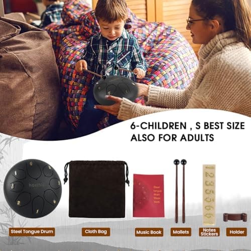 HASTHIP® Steel Tongue Drum 8 Note, 6 inch Percussion Instrument Handpan Drum with Bag, Music Book and Mallets for Kids and Adults Meditation Musical Education Concert Mind Healing Yoga (Black) 2