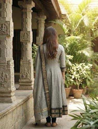 Shreeaanta Elegant Zari Jacquard Weaving Gown for Women with Lace Border Dupatta | Traditional Indian Ethnic Wear for Wedding, Festival, Party & Special Occasions (in, Alpha, M, Regular, Cream) 4