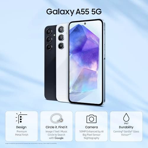 Samsung Galaxy A55 5G (Awesome Navy, 8GB RAM, 256GB Storage) | AI Mobile | 50MP Main Camera (OIS) | Super HDR Video| Nightography | IP67 | Gorilla Glass Victus+ | sAMOLED | Gaming Smartphone 5