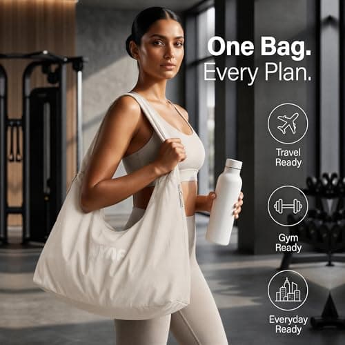 NYAF Multipurpose Travel & Gym Tote Bag for Women & Men | Large Polyester Shoulder Duffel for Pilates, Yoga, Pickleball, Sports, Office & Daily Use | Multi Pocket Zipper Bag (BEIGE) 4