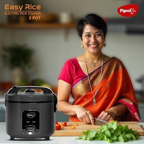 Pigeon Easy 3L Electric Rice Cooker with 2 Pots, Keep warm function, Steam basket, Spatula & Measuring cup (Grey) 2
